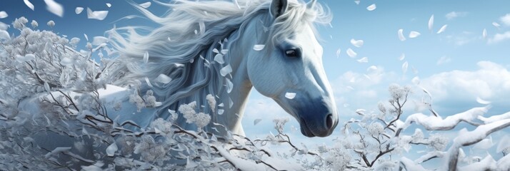 Beautiful white horse on snowy winter background, web site header or panoramic wide banner, fantasy background.