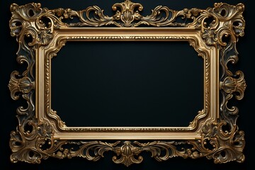 Ornate wooden frame with gold accents on a black background. Generative AI