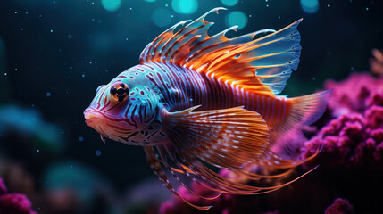A magical underwater world with various beautiful fish, a seascape with exotic tropical fish