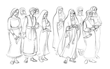 Five wise and five foolish virgins. Pencil drawing - obrazy, fototapety, plakaty