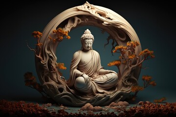 Buddha statue sitting on a tree with autumn leaves on dark background