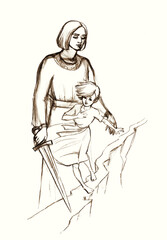 Pencil drawing. An angel guards a child walking on a narrow path