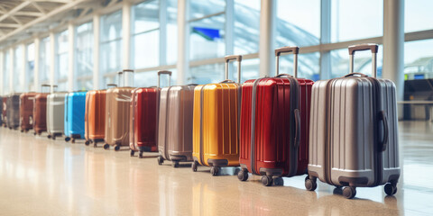 This wide banner showcases a lineup of luggage suitcases in an airport setting, offering a generous area for illustrating vacation and holiday travel ideas.