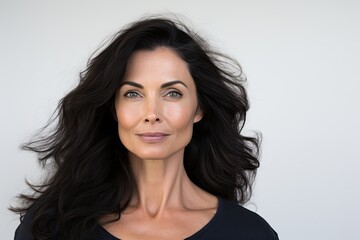 Fototapeta premium A happy and confident mature Hispanic woman radiating joy and natural beauty in a studio portrait.