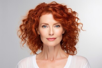A beautiful Caucasian woman with curly red hair, showcasing her natural beauty and fresh summer look in a closeup portrait.