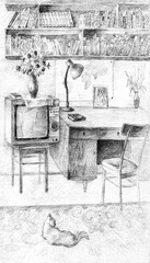 Pencil drawing. Old soviet room with a desk