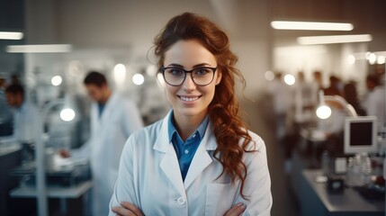 Confident woman scientist wearing white coat and glasses in modern Medical Science Laboratory with Team of Specialists on background.