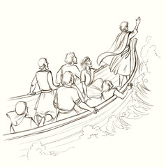 Jesus calms the storm. Pencil drawing