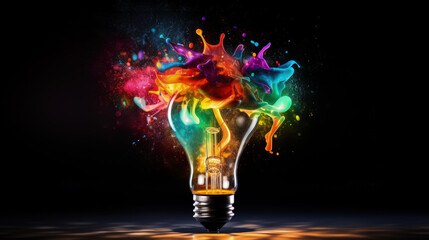 Exploding light bulb with vibrant paint splashes on a black background. Creative idea concept of thinking differently.