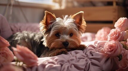 Cute and adorable Yorkshire terrier relax in a cozy bedroom. Sleepy dog. Indoor background with copy space.