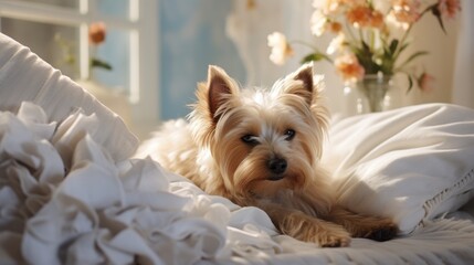 Cute and adorable Yorkshire terrier relax in a cozy bedroom. Sleepy dog. Indoor background with copy space. - obrazy, fototapety, plakaty