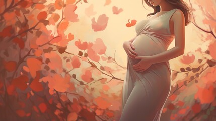 Pregnant woman holds her belly in dreamlike enchanting flower garden exudes joy of motherhood, radiating tenderness and femininity, profound connection between mother and her unborn child - obrazy, fototapety, plakaty