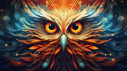 Vivid psychedelic bird face with saturated multicolored feathers and large expressive eyes, captivating diversity and colorful beauty of natural world, diversity of birds families and species - obrazy, fototapety, plakaty