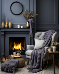 Modern interior with blue armchaire and fireplace. Copy space, house design, luxury lifestyle, relax and holiday concept. Scandinavian style - obrazy, fototapety, plakaty