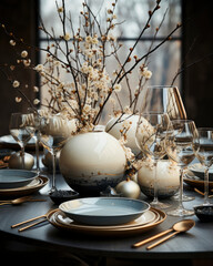 New Year and Christmas table decoration with beautiful glasses, dishes, balls and flowers on blurred background.