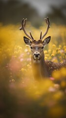 Fototapeta premium Vertical illustration of deer stag in the beautiful blooming field. Wild flowers outdoor nature background. Mobile splash screen template.