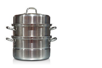 front view two layer stainless steel pot with lid on white background, object, retro, kitchen, fashion, copy space