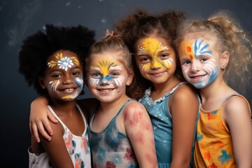 Obraz premium Children at a joyful summer party, their portraits adorned with face paintings, celebrating with friends