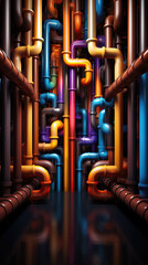3d rendering of a colorful pipes in a room with reflection on water