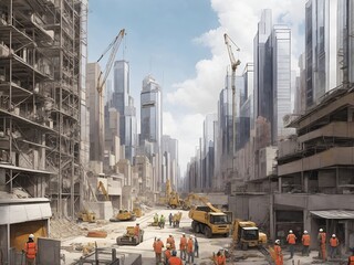 A construction site in the midst of a bustling city, with skyscrapers towering over it, as the workers navigate through the busy streets to get to their site.