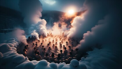 Photo in a close-up shot of people, steam rising around them, as they soak in the comforting embrace of a natural thermal spring. - obrazy, fototapety, plakaty