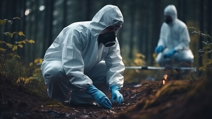 A police officer takes evidence from the crime scene, Forensic scientist in protective gloves doing working at crime scene. - obrazy, fototapety, plakaty