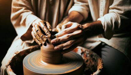 Close-up shot of a couple, lost in the world of pottery, their hands seamlessly working together to sculpt a beautiful clay pot. - obrazy, fototapety, plakaty
