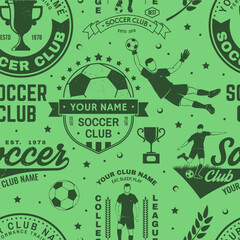 Soccer, football club seamless pattern. Vector illustration. For football club background with soccer and football player, goalkeeper and gate silhouettes. Concept for soccer sport pattern background