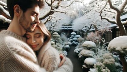 Close-up shot of a couple, their faces reflecting sheer joy and wonder, as they discover a hidden garden blanketed in fresh snow.