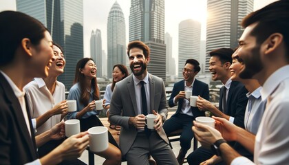 Close-up shot of employees gathered on a plaza rooftop, engaged in light-hearted conversation as they enjoy their coffee break. - obrazy, fototapety, plakaty
