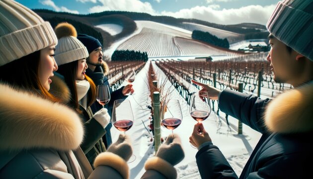 Photo in a close-up shot of a group, each holding a glass of wine, deeply immersed in the sensory experience amidst a snowy vineyard.