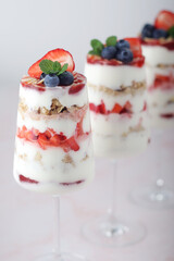 Strawberry milk yogurt desert in glasses