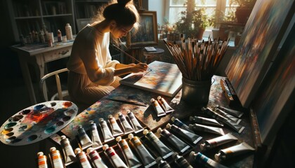 In a sunlit art studio, a photo captures a woman deeply engrossed in her painting, her brush strokes telling a story on the canvas. - obrazy, fototapety, plakaty
