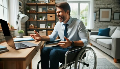 In a well-lit home office, a photo captures a man in a wheelchair, deeply engrossed in a virtual meeting. - obrazy, fototapety, plakaty