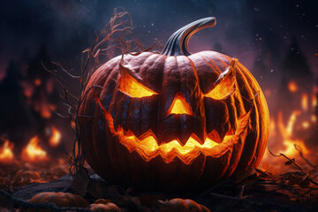 Obraz premium Get into the Halloween spirit with these closeups of a big, glowing pumpkin.