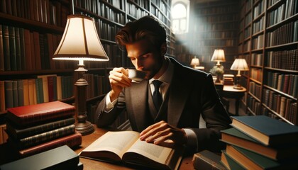Photo of a gentleman, surrounded by shelves of books in a quiet library, deeply engaged with his reading.