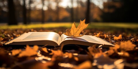 Naklejka na ściany i meble A Book Blanketed in Vibrantly Colored Leaves, Resting Gracefully in a Park, Celebrating the Season's Tranquil Beauty and Literary Escapade