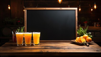 Pusta tablica kredowa na menu stojąca na barze przy pełnych szklankach z piwem.  - obrazy, fototapety, plakaty