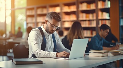 student looking for information on his laptop in the library