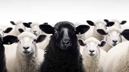 Obraz premium : An intriguing image featuring a black sheep within a flock of white sheep, set against a clean and uncluttered background, symbolizing uniqueness and individuality.