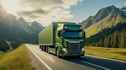 Green truck driving through lush green scenery with forest and mountains.