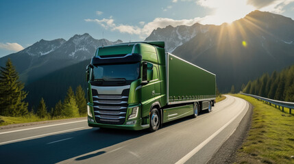 Green truck driving through lush green scenery with forest and mountains. - obrazy, fototapety, plakaty