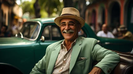 Zelfklevend Fotobehang Cuban driver in Havana, with his colored suit, and his car from the 50s, enjoying touring the city with tourists, Cuban life, Caribbean lifestyle © Juan Gumin