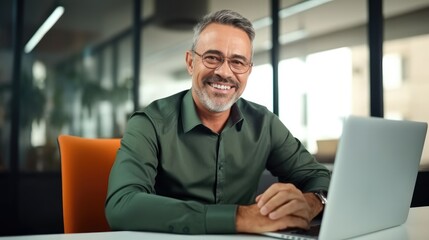 Executive bank manager sitting at work desk in office with laptop.