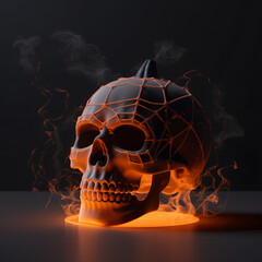 Spooky halloween skull with glowing spider webs and fire