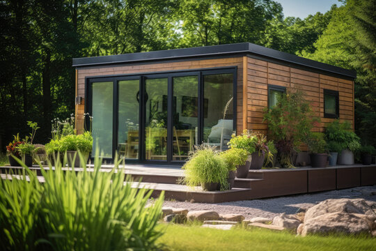 Modern Shipping Container House Home, Tiny House In Sunny Day. Shipping Container Houses Is Sustainable, Eco-friendly Living Accommodation Or Holiday Home