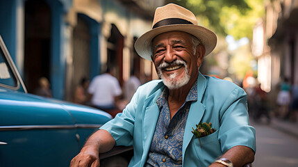 Cuban driver in Havana, with his colored suit, and his car from the 50s, enjoying touring the city with tourists, Cuban life, Caribbean lifestyle - obrazy, fototapety, plakaty