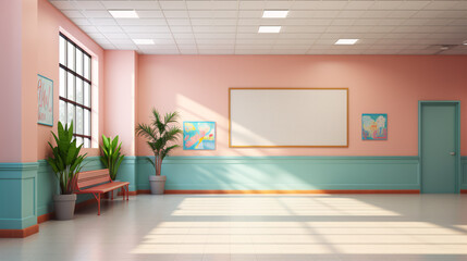 An empty poster adorns the modern, 3D-rendered interior of an educational passage.