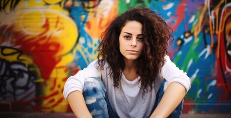 Beautiful brunette young woman sitting in front of a graffiti painted wall looking at the camera - Powered by Adobe