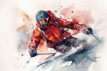Watercolor drawing of an expert skier, descending at high speed. Generative AI.